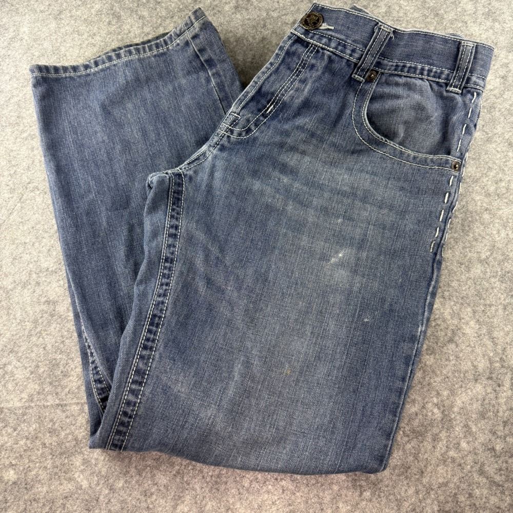 MEK Denim Cairo Mens Straight Leg Distressed Blue Jeans 38x34 Whipstitch Detail